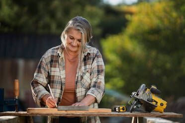 Ein handlicher weiblicher Tischler arbeitet in einer Tischlerei-Werkstatt im Freien - HPIF06481