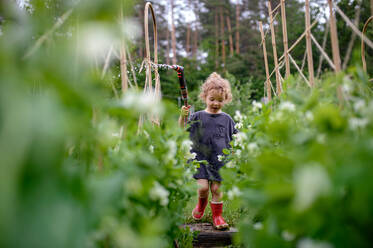 Portrait of small girl walking in vegetable garden, sustainable lifestyle concept. - HPIF06549