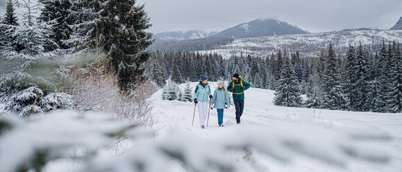 Familie mit kleiner Tochter bei einem Spaziergang in der winterlichen Natur, Tatra-Gebirge in der Slowakei. - HPIF06555