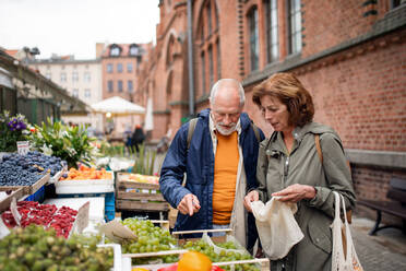 Ein glückliches älteres Touristenpaar kauft auf dem Markt in der Stadt Obst. - HPIF06736