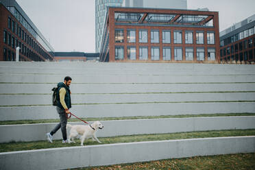 Ein glücklicher junger Mann geht an einem grauen Herbsttag mit seinem Hund in der Stadt spazieren. - HPIF06851