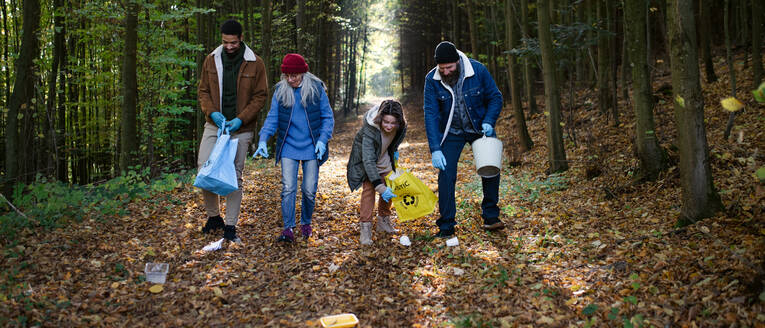 A diverse group of happy volunteers cleaning up forest from waste, community service concept. - HPIF06966