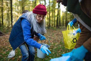 Eine ältere Frau säubert als Freiwillige den Wald von Abfällen, Konzept der gemeinnützigen Arbeit. - HPIF06971