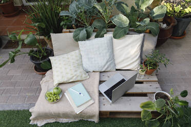 Laptop and books with fruits on wooden crate in backyard - TYF00764
