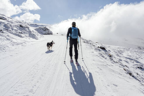 Mann spaziert mit Hund im Schnee an einem sonnigen Tag - PGF01467