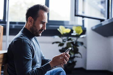 Businessman using smart phone in office - JOSEF17444