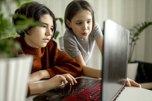 Jungen teilen sich Laptop zu Hause - ANAF01058