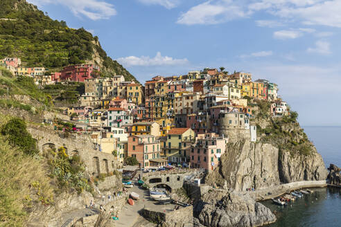 Italien, Ligurien, Manarola, Blick auf das historische Dorf entlang der Cinque Terre - FOF13485