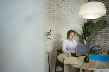 Junge Geschäftsfrau, die im Büro mit ihrem Laptop im Internet surft - RCPF01725