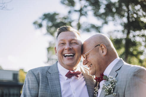 Cheerful newlywed gay couple laughing together at wedding - MASF35712