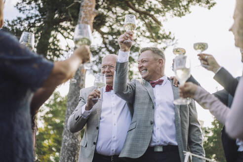 Happy newlywed gay couple raising wineglasses with family and friends at wedding - MASF35719