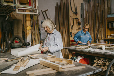 Senior craftswomen working together at repair shop - MASF35820