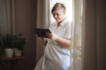 Eine übergewichtige Frau in Unterwäsche steht am Fenster und benutzt ein Tablet. - HPIF07074