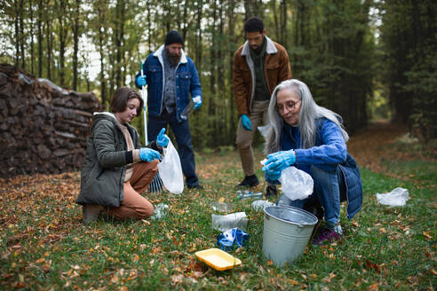 A group of volunteers cleaning up forest from waste, community service concept - HPIF07109