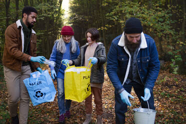 A diverse group of volunteers cleaning up forest from waste, community service concept - HPIF07110