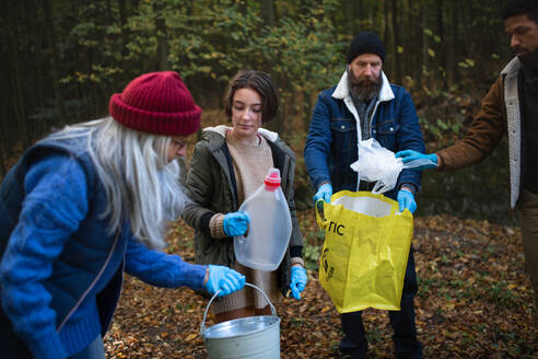 A diverse group of volunteers cleaning up forest from waste, community service concept - HPIF07112