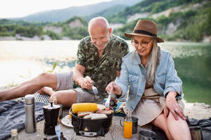 Porträt eines glücklichen älteren Paares, das sich auf einem Sommerurlaubsausflug ausruht und am See grillt. - HPIF07494