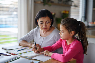 Ein kleines Mädchen mit seiner Großmutter macht zu Hause Hausaufgaben. - HPIF07522