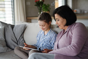 A happy small girl with grandmother indoors at home, using tablet. - HPIF07574