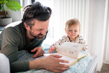 Father with happy small daughter reading book indoors at home. - HPIF07703