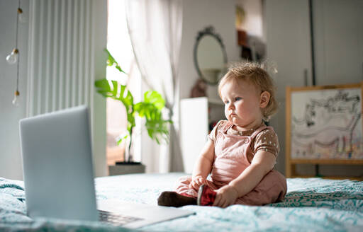 Small toddler girl on bed at home, watching story tales on laptop. - HPIF07720