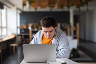 Ein konzentrierter junger Mann mit Down-Syndrom sitzt drinnen in der Schule und lernt mit einem Laptop - HPIF07909
