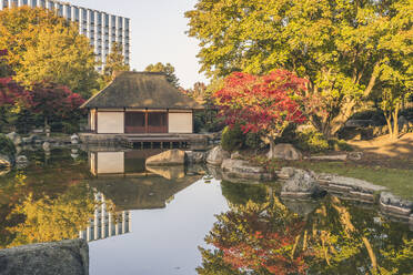 Germany, Hamburg, Pond and Japanese teahouse in Planten un Blomen park - KEBF02624