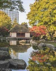 Germany, Hamburg, Pond and Japanese teahouse in Planten un Blomen park - KEBF02625
