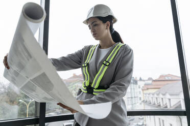 Architect wearing hardhat reading blueprint in front of window at office - OSF01399