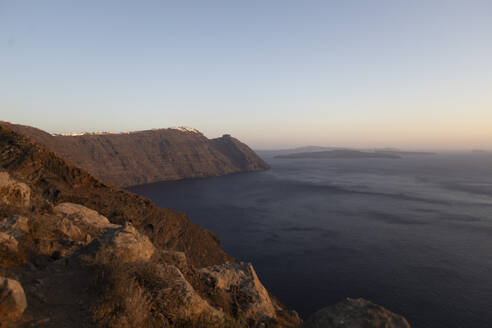 Scenic view of Caldera at sunset, Santorini, Greece - AXHF00340