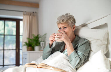 Happy senior woman reading a book and drinking coffee in bed at home. - HPIF07944