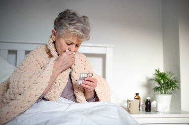 A sick senior woman in bed at home, sneezing and taking medication. - HPIF07967