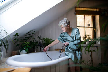 A top view of senior woman in bathroom preparing for a bath at home. - HPIF07990