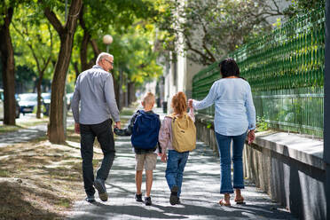 A rear view of grandparents taking grandchildren home from school, walking outdoors in street. - HPIF08302