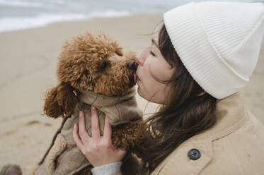 Maltipoo dog licking face of woman wearing knit hat at beach - ALKF00173