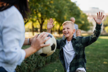 Happy little children with grandparents playing with ball outdoors in a park - HPIF08337