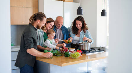 Glückliche Mehrgenerationenfamilie zu Hause, die in der Küche einen Gemüsesalat zubereitet. - HPIF08538