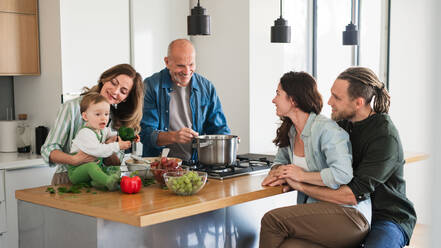 Happy multigeneration family indoors at home cooking in kitchen. - HPIF08544