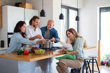 Portrait of happy multigeneration family with baby indoors at home cooking. - HPIF08546