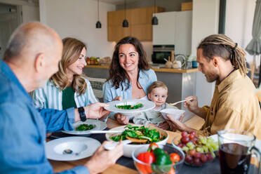 Eine glückliche Mehrgenerationenfamilie, die zu Hause ein gesundes Mittagessen zu sich nimmt. - HPIF08547