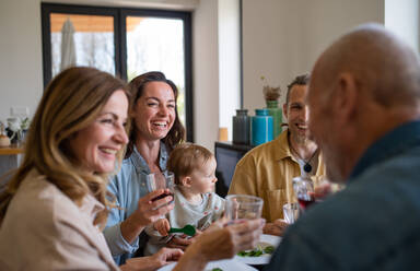 Eine glückliche Mehrgenerationenfamilie, die zu Hause ein gesundes Mittagessen zu sich nimmt und eine gute Zeit hat. - HPIF08553