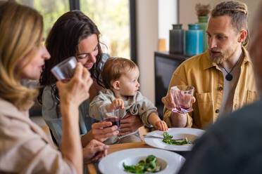 Eine glückliche Mehrgenerationenfamilie, die zu Hause ein gesundes Mittagessen zu sich nimmt. - HPIF08554