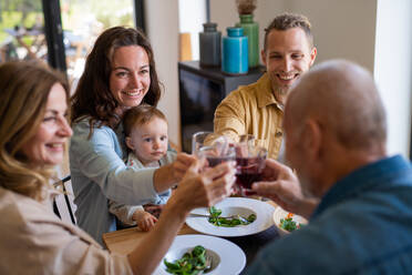 Eine glückliche Mehrgenerationen-Familie, die zu Hause ein gesundes Mittagessen zu sich nimmt und mit einem Glas anstößt. - HPIF08555