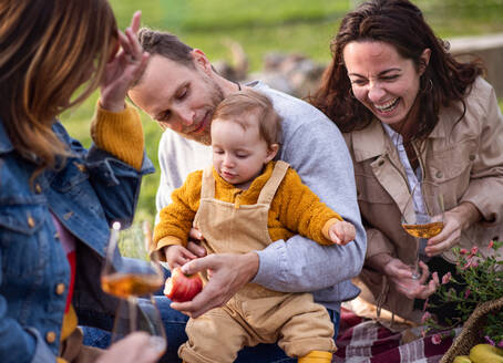 Glückliche Mehrgenerationen-Familie beim Picknick im Garten, entspannt und lachend. - HPIF08596