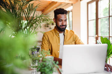 Ein junger Mann mit Laptop und Kaffee arbeiten drinnen, Home-Office-Konzept. - HPIF08604