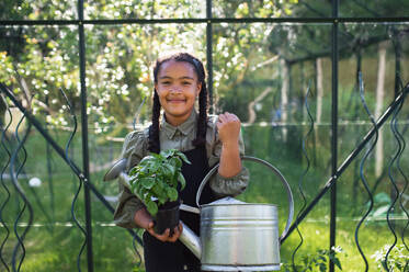 Ein glückliches kleines Mädchen bei der Gartenarbeit im Gewächshaus im Freien im Hinterhof, Blick in die Kamera. - HPIF08639