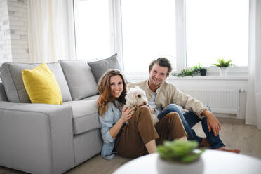 A happy young couple in love with dog sitting indoors at home, looking at camera. - HPIF08825
