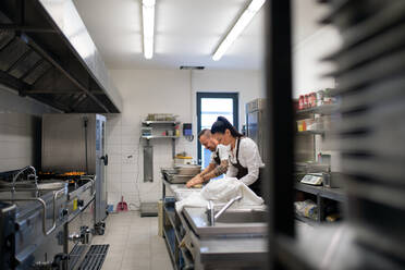Ein Koch und eine Köchin arbeiten in der Küche eines Restaurants an ihren Gerichten. - HPIF08872