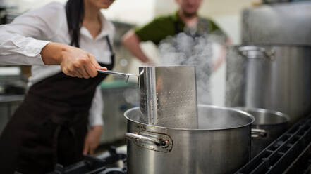 Ein nicht erkennbarer Koch und ein Koch kochen zusammen in einer Restaurantküche. - HPIF08881