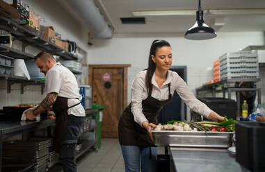 Ein Koch und eine Köchin arbeiten in der Küche eines Restaurants an ihren Gerichten. - HPIF08896